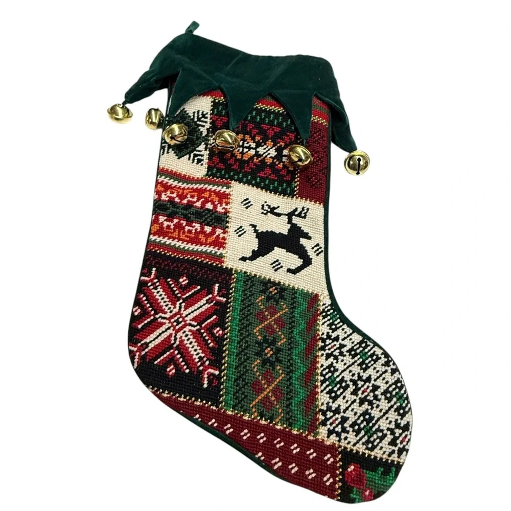 Vintage Patchwork Christmas Stocking‎ Reindeer Snowflake Bells Green Velvet Top